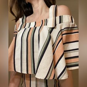 Topshop Size 6 Pink Stripe Frill Bardot Cold Shoulder Playsuit Romper